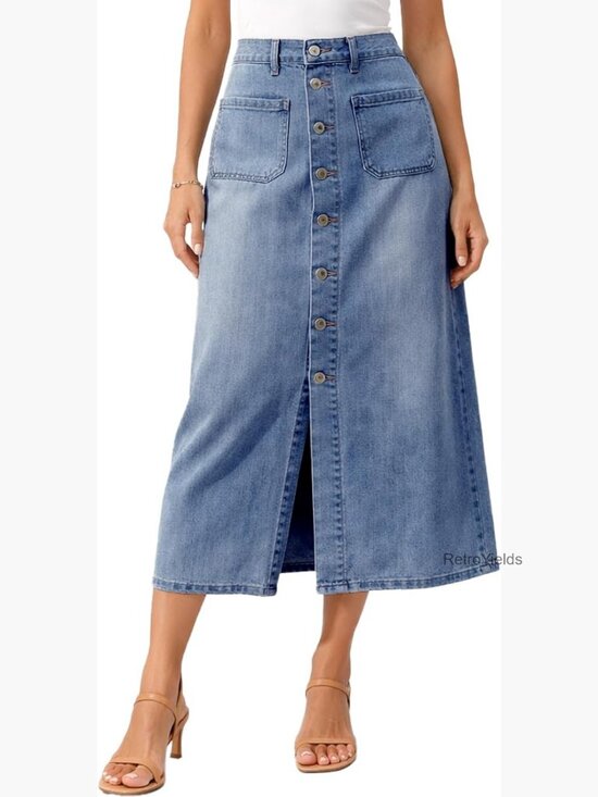 Dresses & Skirts - High Waist Denim Midi Skirt with Pockets Button Front Straight Casual